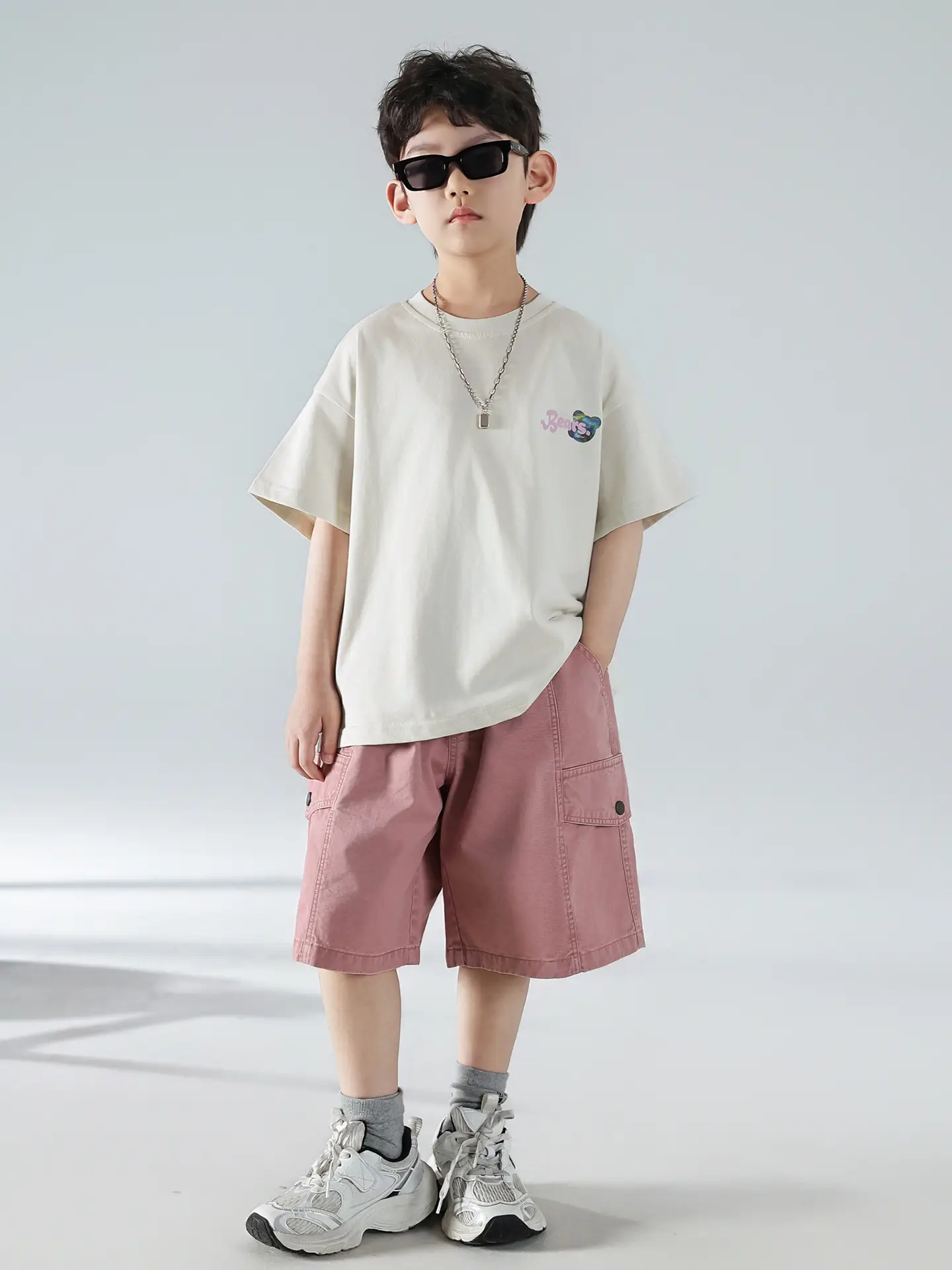 Boys Summer Printed T-Shirt Shorts Set White Pink - Image 7
