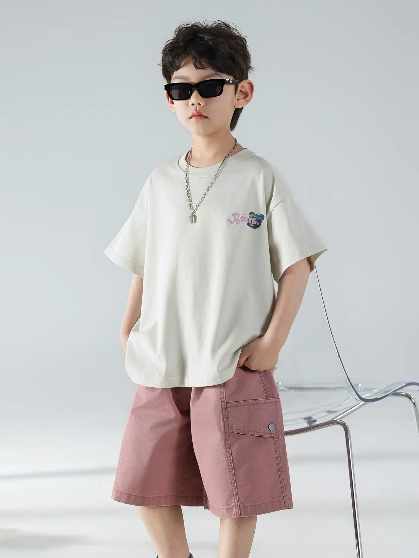 Boys Summer Printed T-Shirt Shorts Set White Pink — feature 22