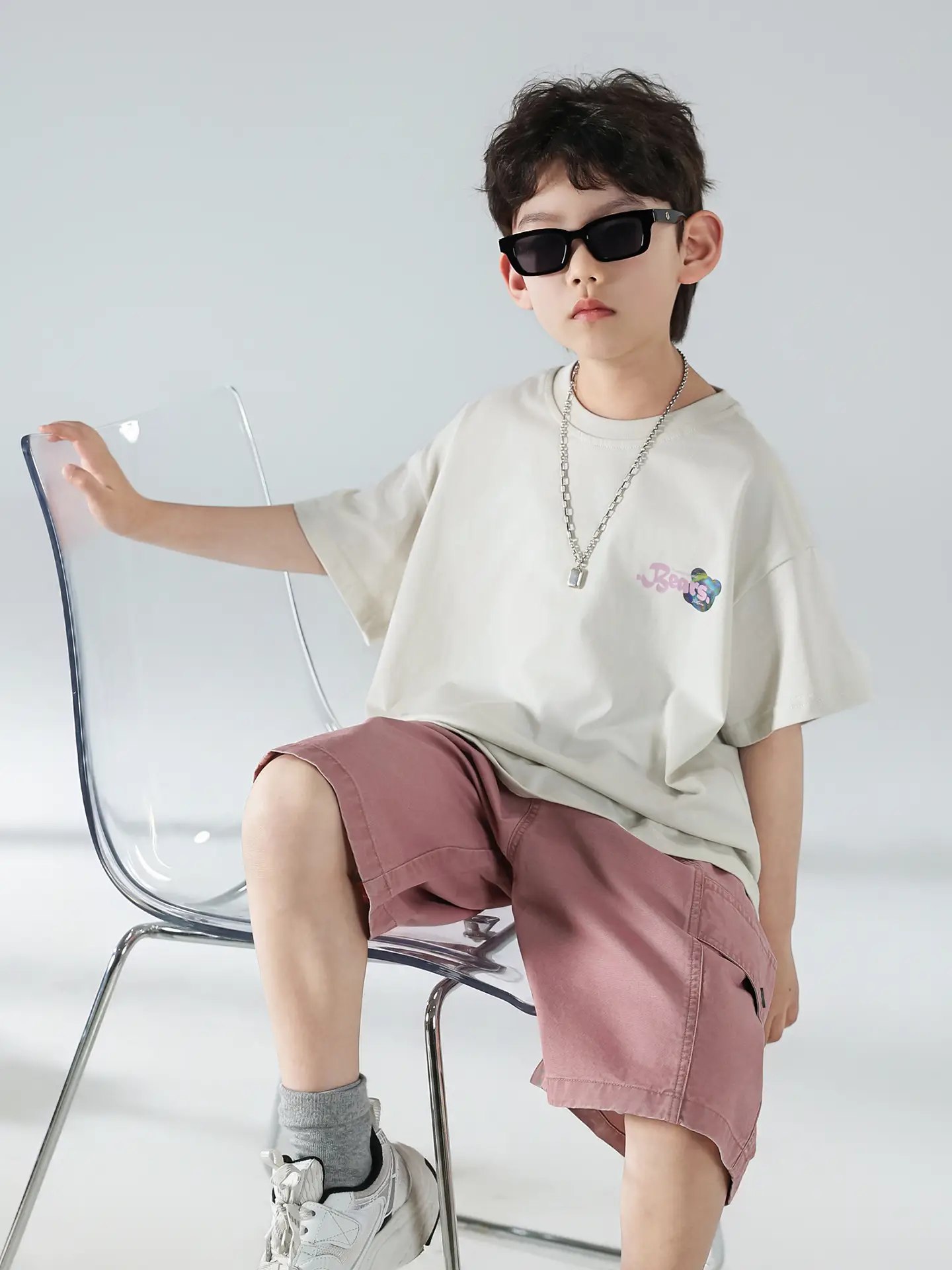Boys Summer Printed T-Shirt Shorts Set White Pink — feature 23