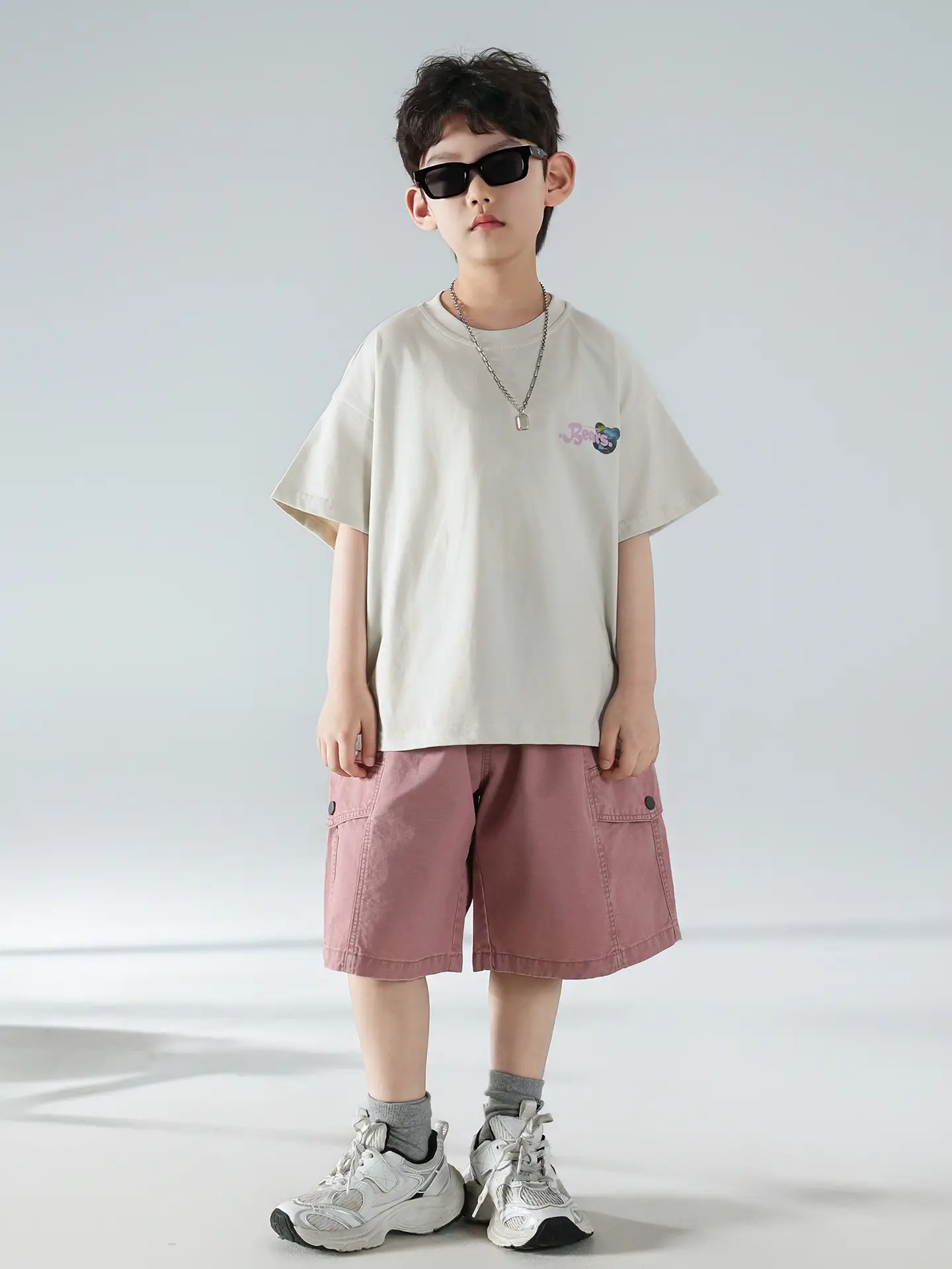 Boys Summer Printed T-Shirt Shorts Set White Pink — feature 24
