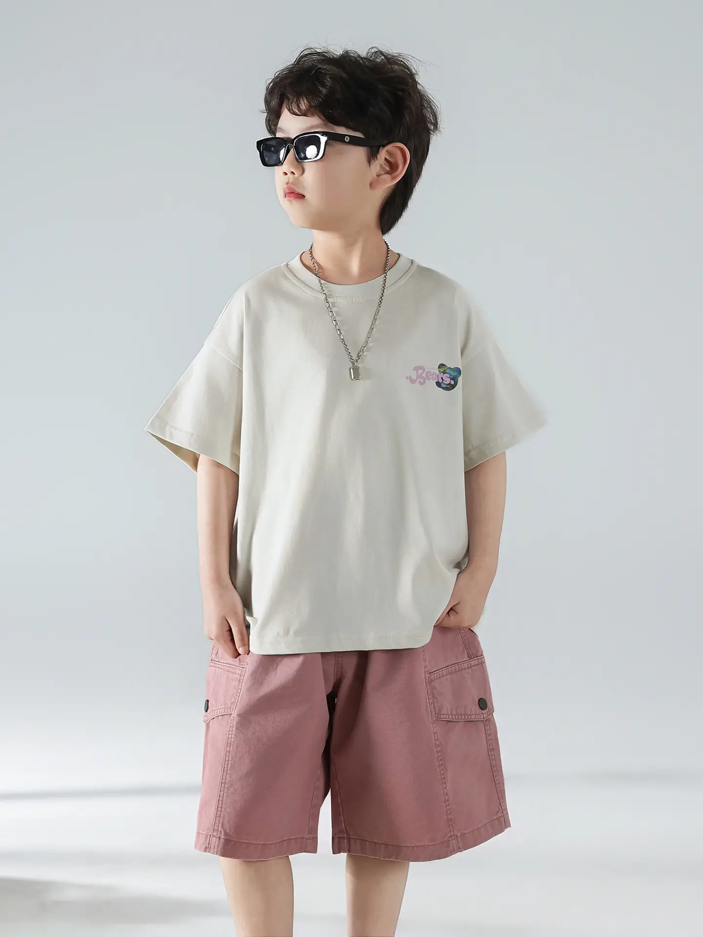 Boys Summer Printed T-Shirt Shorts Set White Pink — feature 25