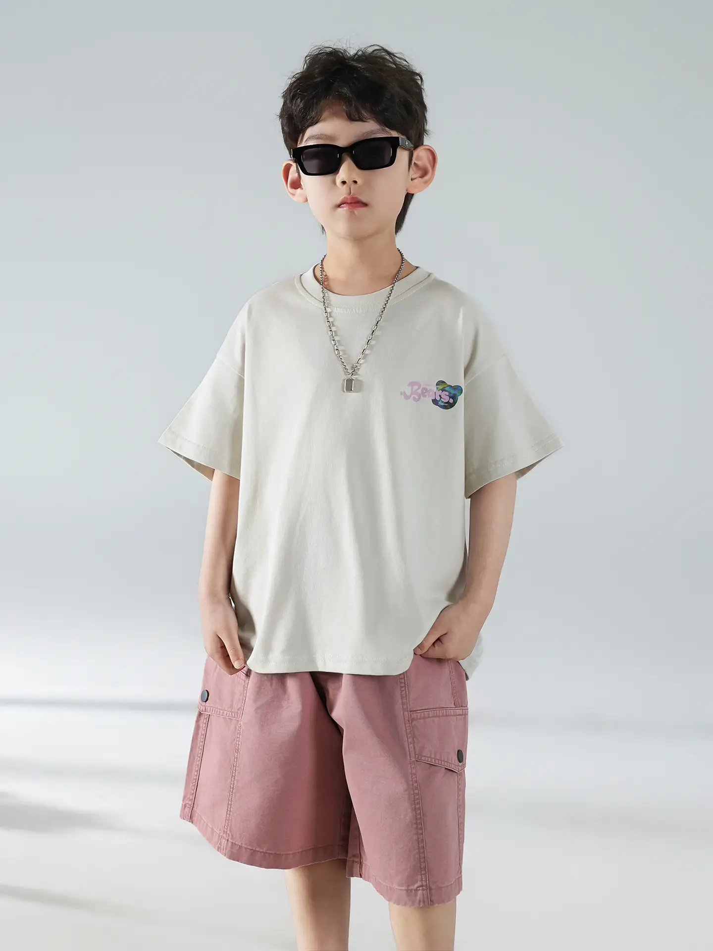 Boys Summer Printed T-Shirt Shorts Set White Pink — feature 26