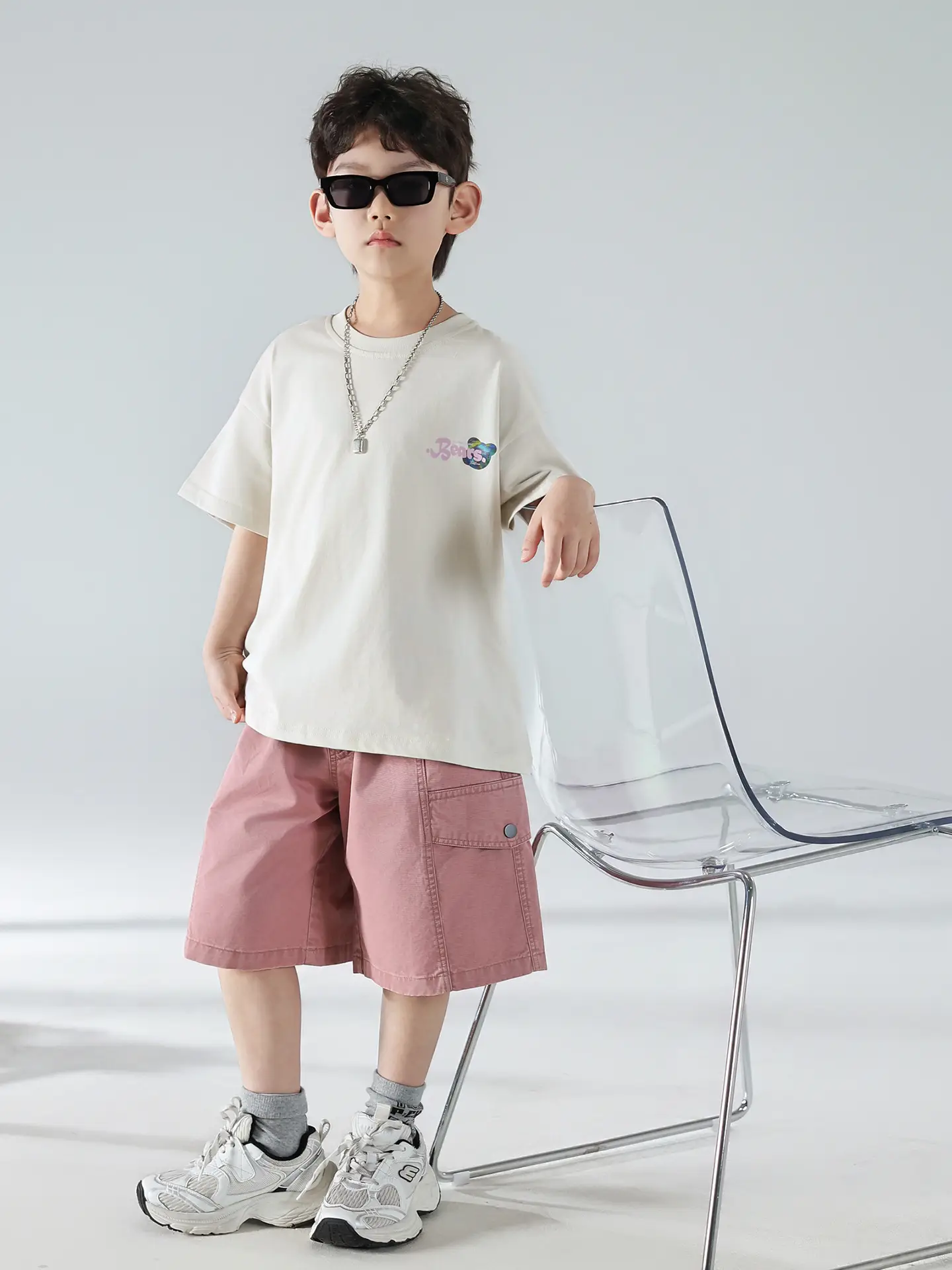 Boys Summer Printed T-Shirt Shorts Set White Pink — feature 27