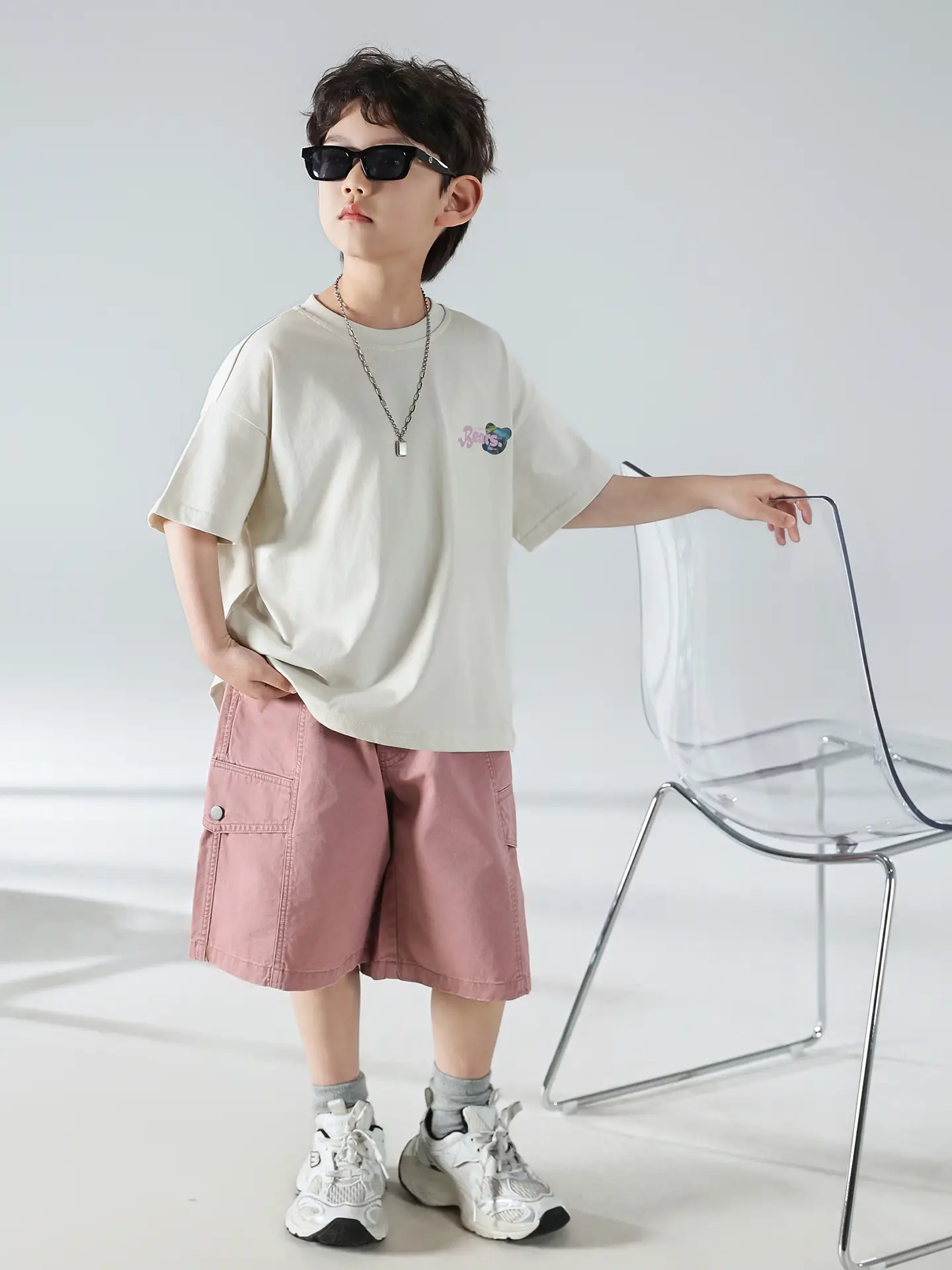 Boys Summer Printed T-Shirt Shorts Set White Pink — feature 28