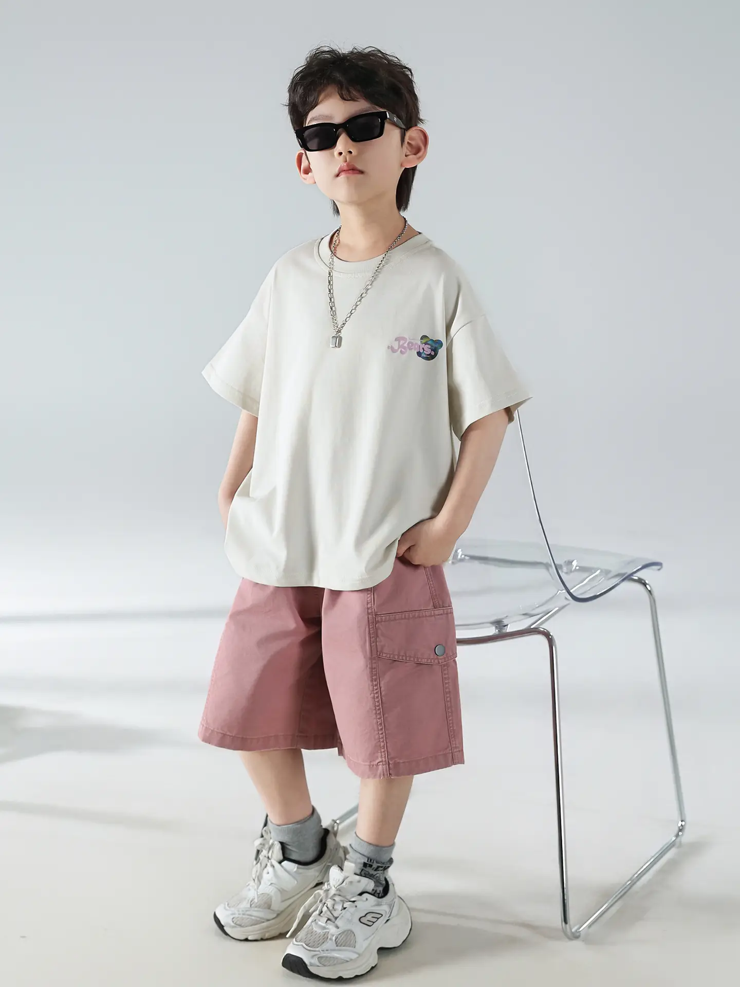 Boys Summer Printed T-Shirt Shorts Set White Pink — feature 4