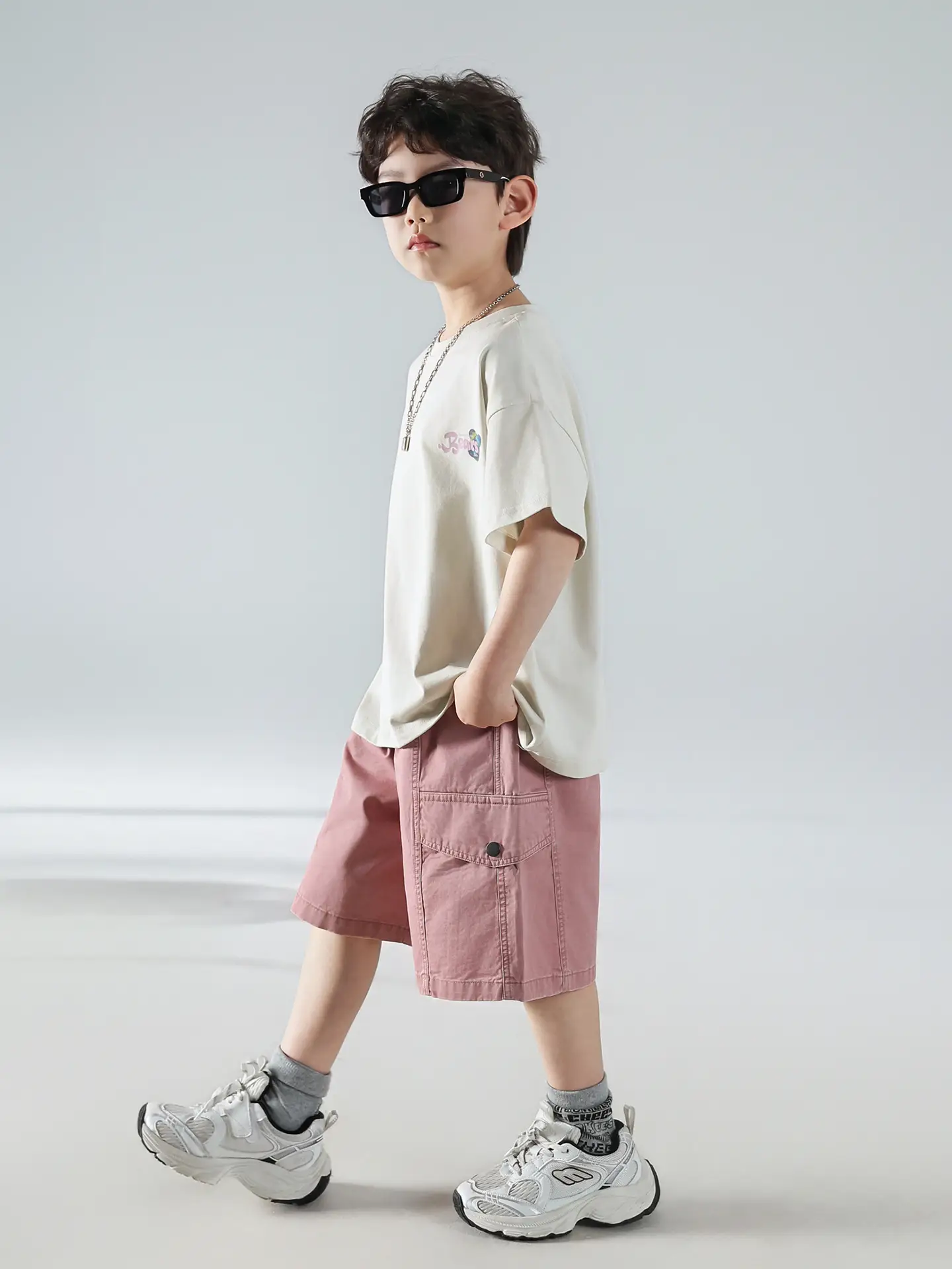 Boys Summer Printed T-Shirt Shorts Set White Pink — feature 7