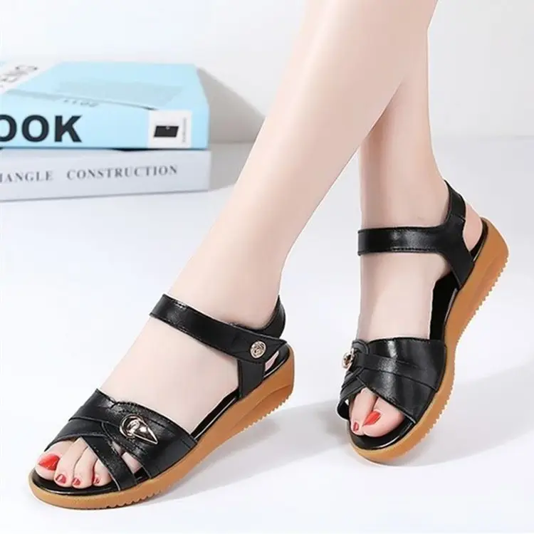 Women's Soft Leather Mother Sandals with Velcro & Non-Slip Soles - Image 3