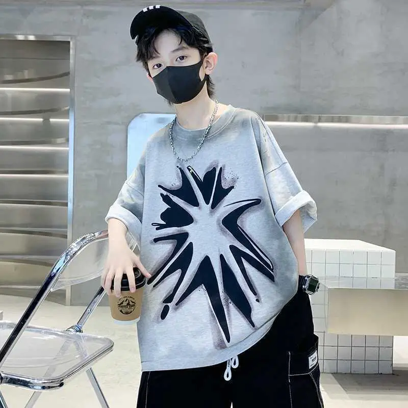 Boys Cotton Tie-Dye Short Sleeve T-Shirt Grey Black - Image 3