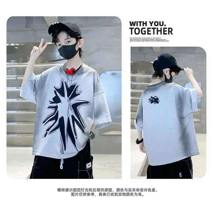 Boys Cotton Tie-Dye Short Sleeve T-Shirt Grey Black — feature 8