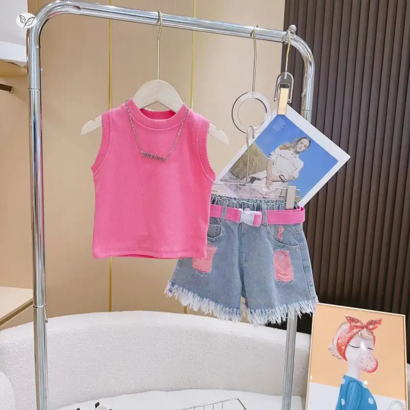 Girls Pink Sleeveless T-Shirt Two-Piece Set - Image 5