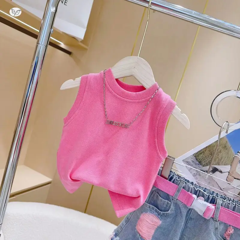 Girls Pink Sleeveless T-Shirt Two-Piece Set - Image 6