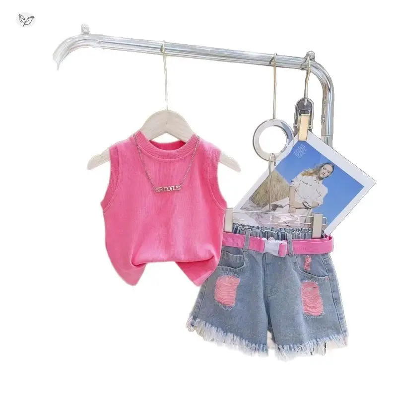 Girls Pink Sleeveless T-Shirt Two-Piece Set - Image 8