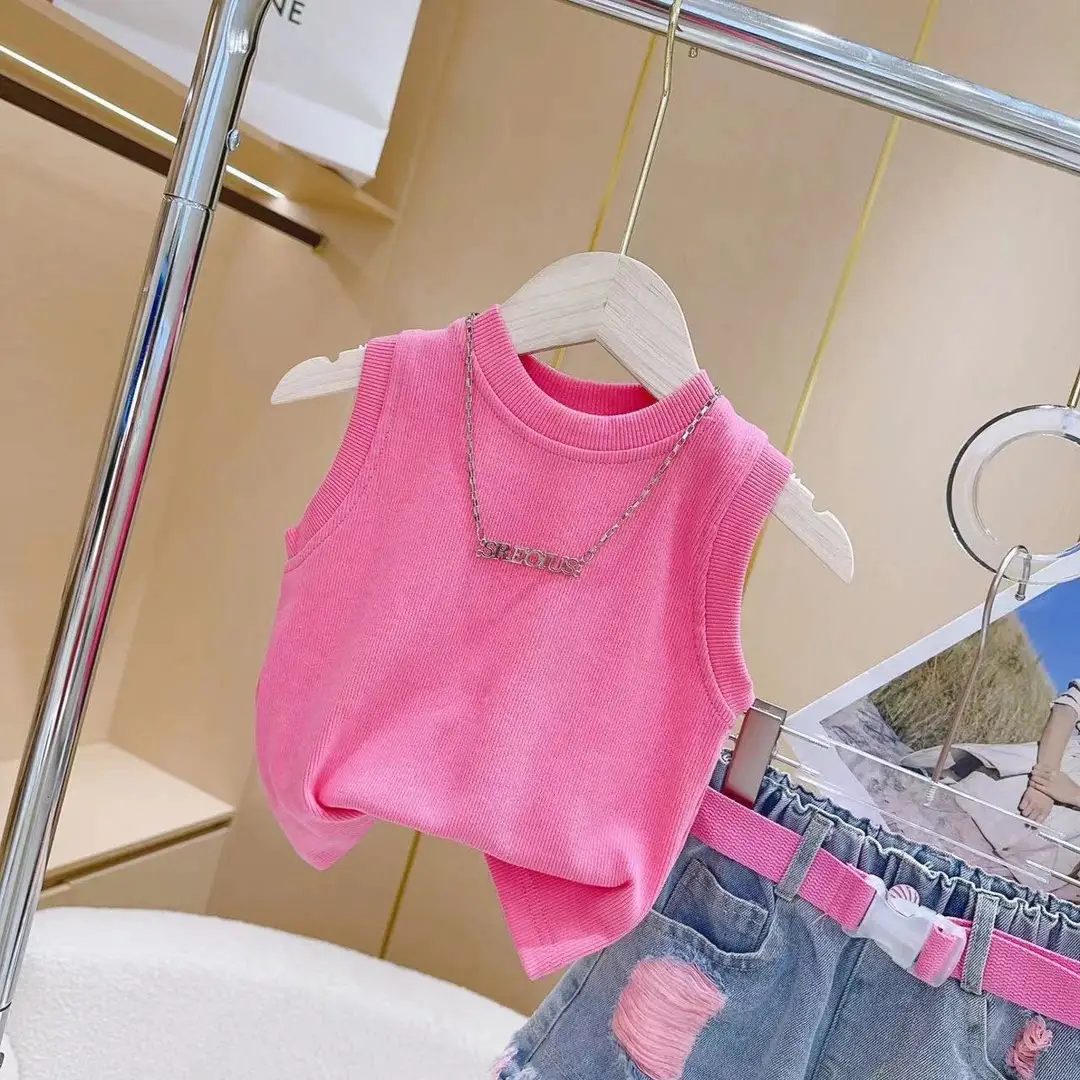 Girls Pink Sleeveless T-Shirt Two-Piece Set — feature 1
