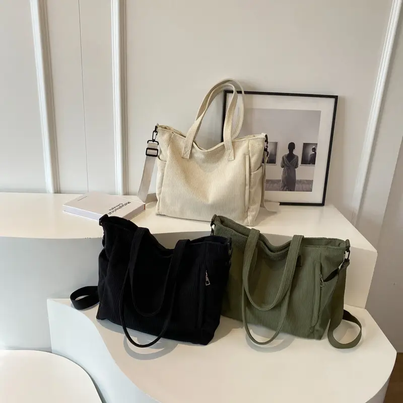Olive Green Corduroy Tote Bag for Women Large Capacity - Image 5