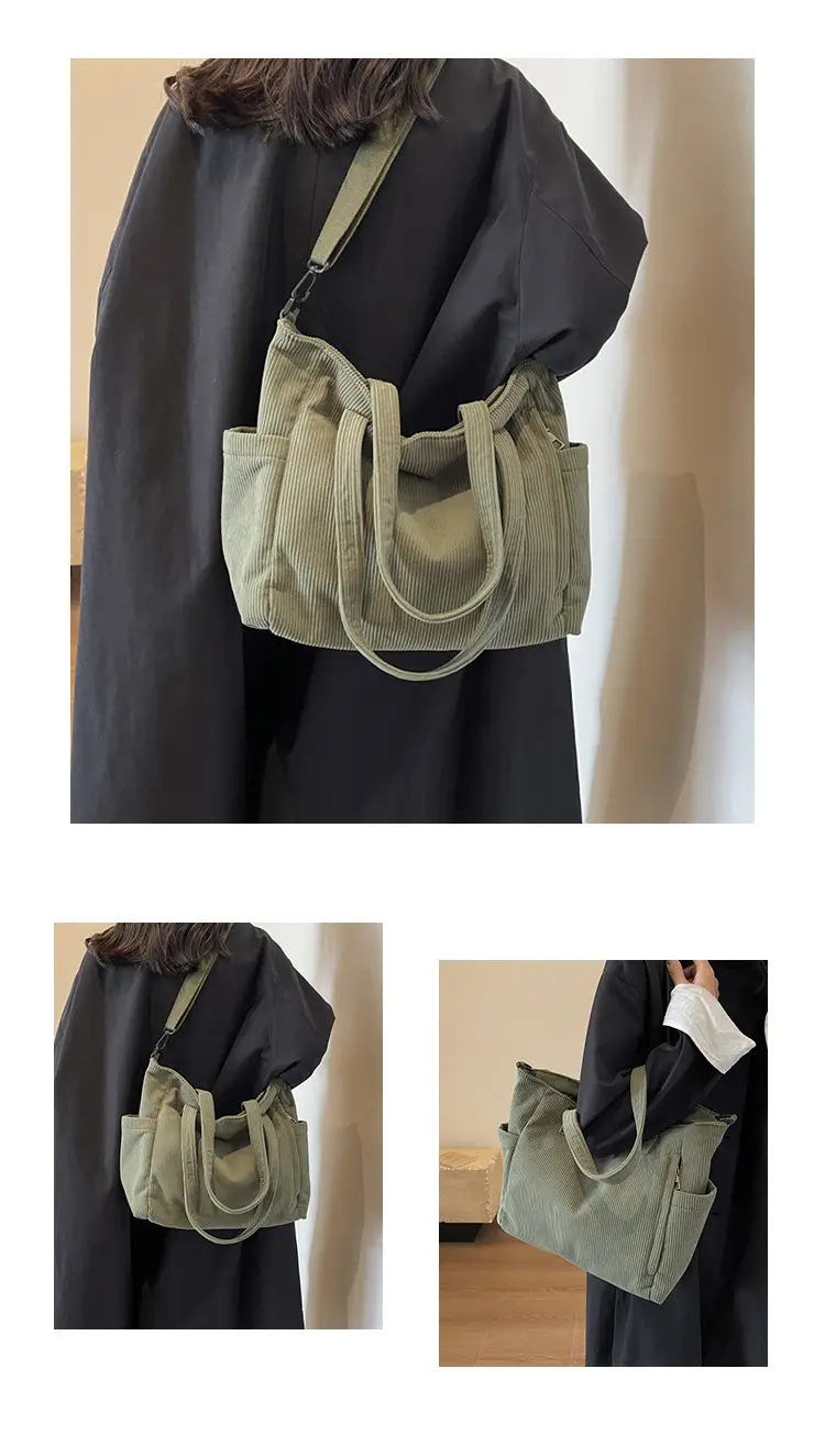 Olive Green Corduroy Tote Bag for Women Large Capacity — feature 11