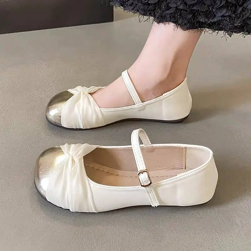 Women's French Gentle Mary Jane Flat Shoes Gold Skirt - Image 3