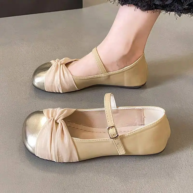 Women's French Gentle Mary Jane Flat Shoes Gold Skirt - Image 4