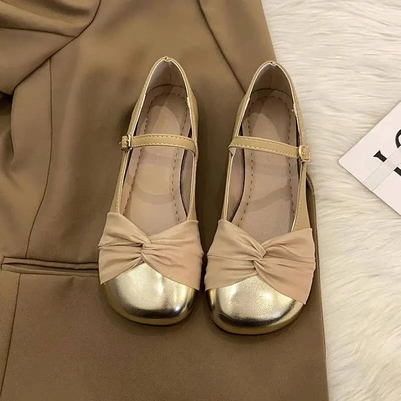 Women's French Gentle Mary Jane Flat Shoes Gold Skirt - Image 5