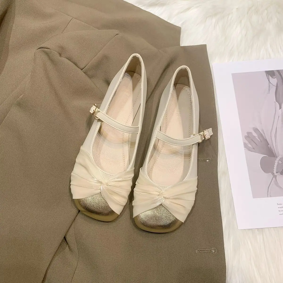Women's French Gentle Mary Jane Flat Shoes Gold Skirt - Image 2