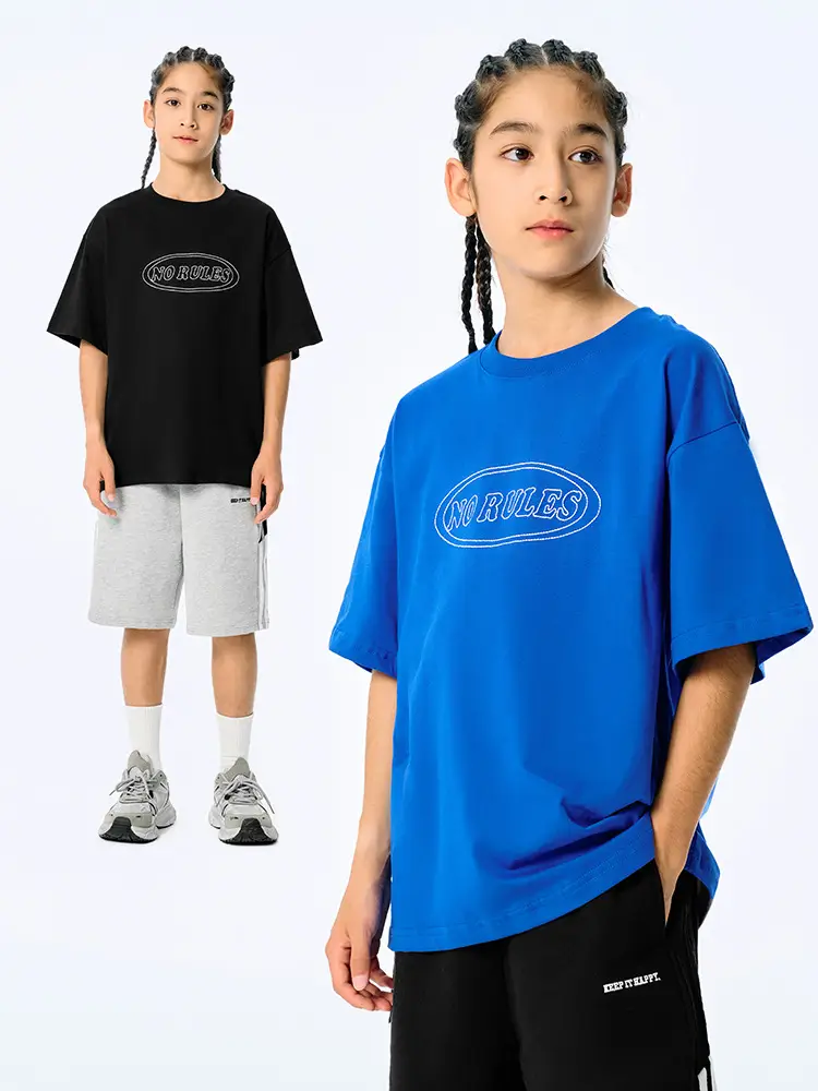 Blue Retro Embroidered T-Shirt for Kids Boys Summer Casual - Image 3