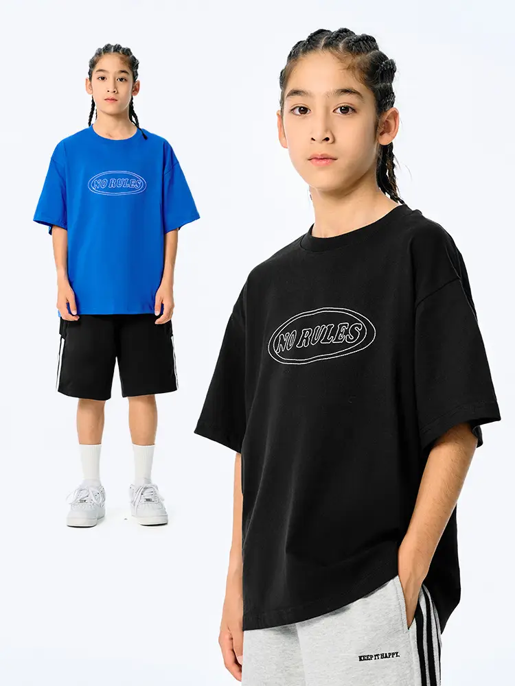 Blue Retro Embroidered T-Shirt for Kids Boys Summer Casual - Image 4