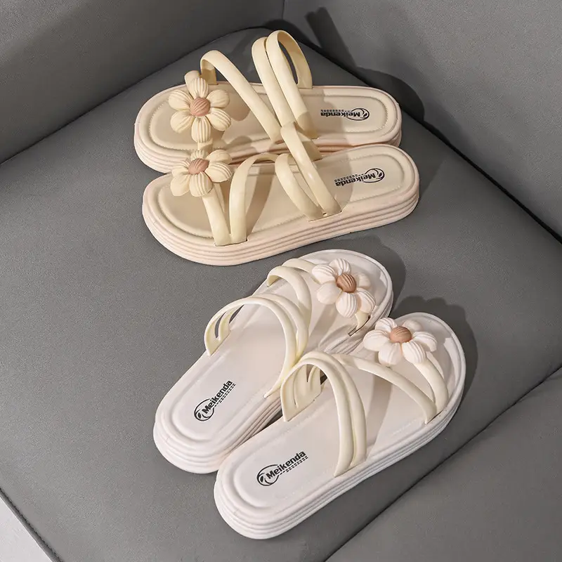 Women's Flower Slippers White Thick Sole Non-Slip