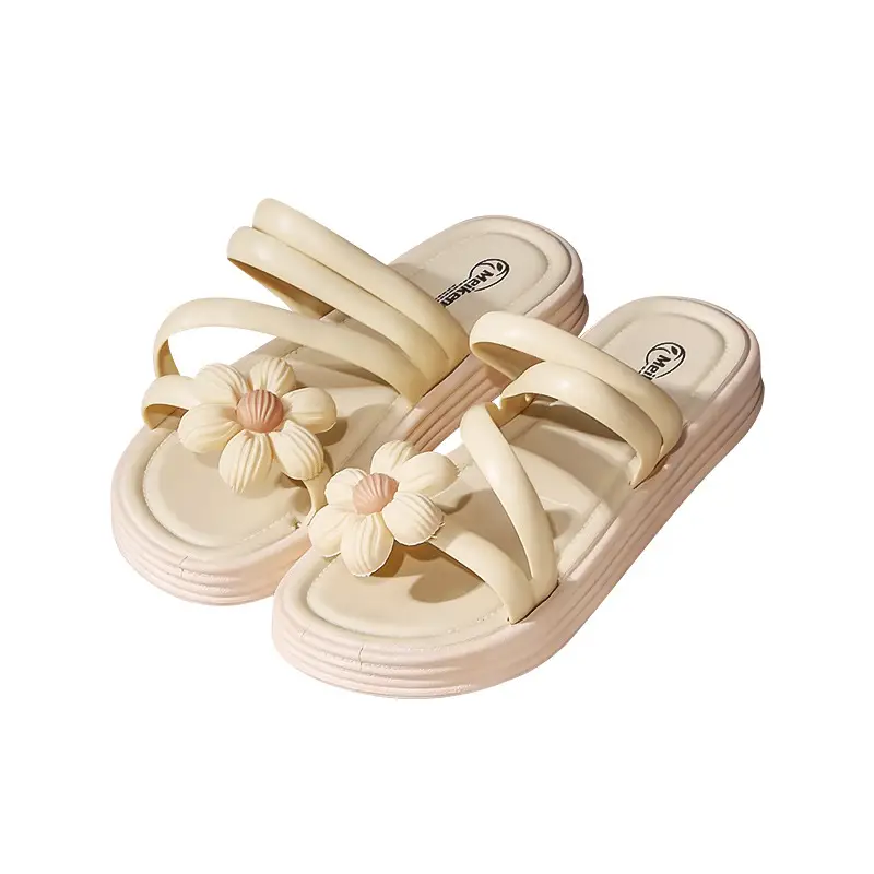Women's Flower Slippers White Thick Sole Non-Slip