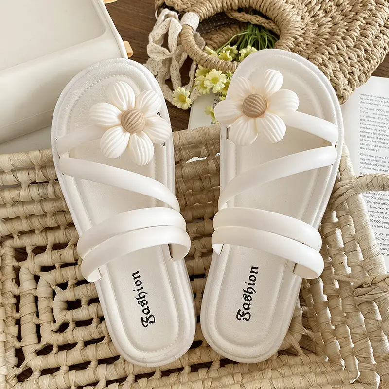 Women's Flower Slippers White Thick Sole Non-Slip