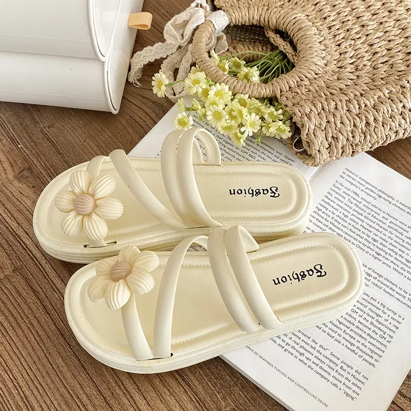 Women's Flower Slippers White Thick Sole Non-Slip