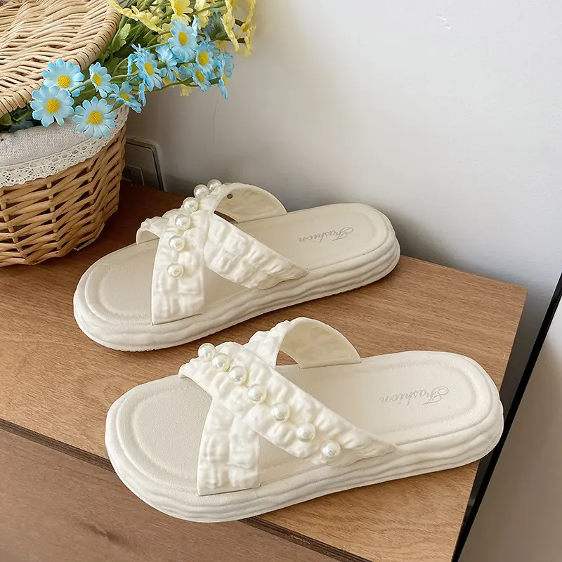 Women's Flower Slippers White Thick Sole Non-Slip