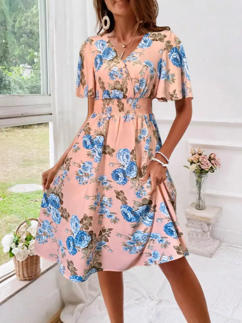 Women Floral Long Dress Large Size Cotton Pink