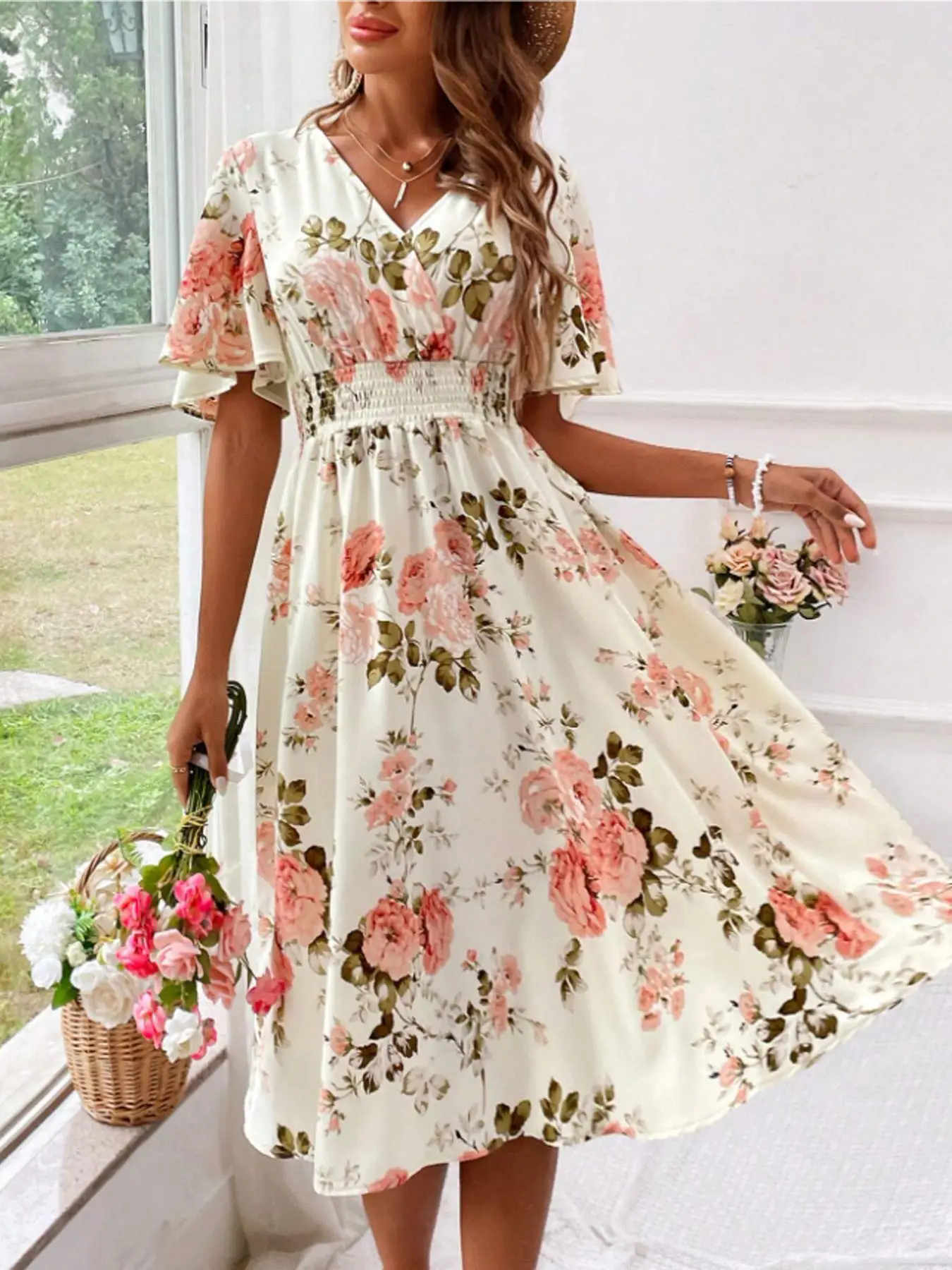 Women Floral Long Dress Large Size Cotton Pink