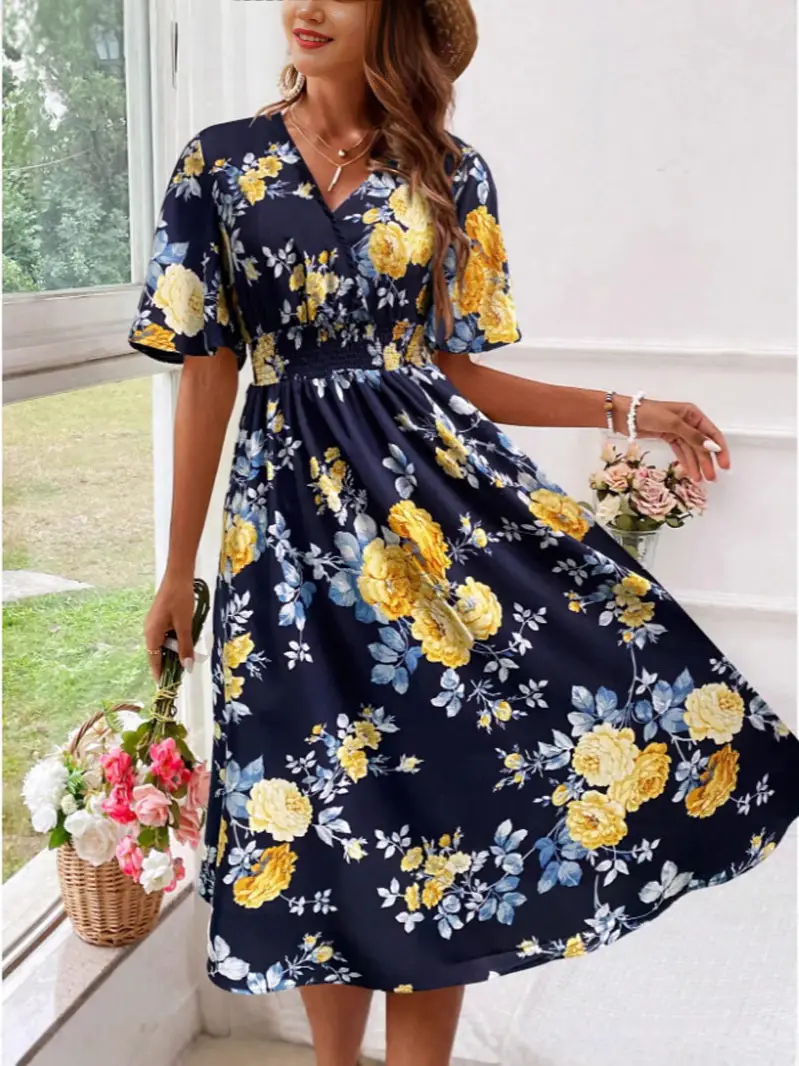 Women Floral Long Dress Large Size Cotton Pink