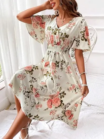Women Floral Long Dress Large Size Cotton Pink