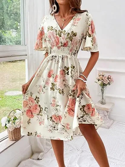 Women Floral Long Dress Large Size Cotton Pink