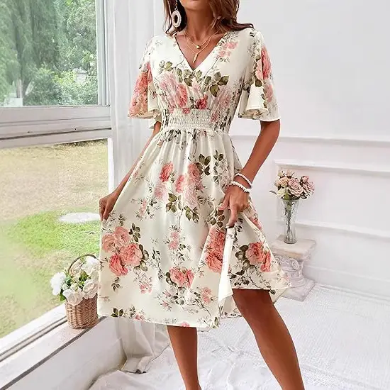 Women Floral Long Dress Large Size Cotton Pink — feature 2