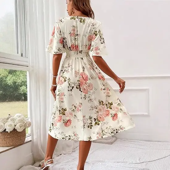 Women Floral Long Dress Large Size Cotton Pink — feature 3