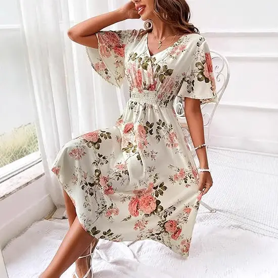 Women Floral Long Dress Large Size Cotton Pink — feature 4