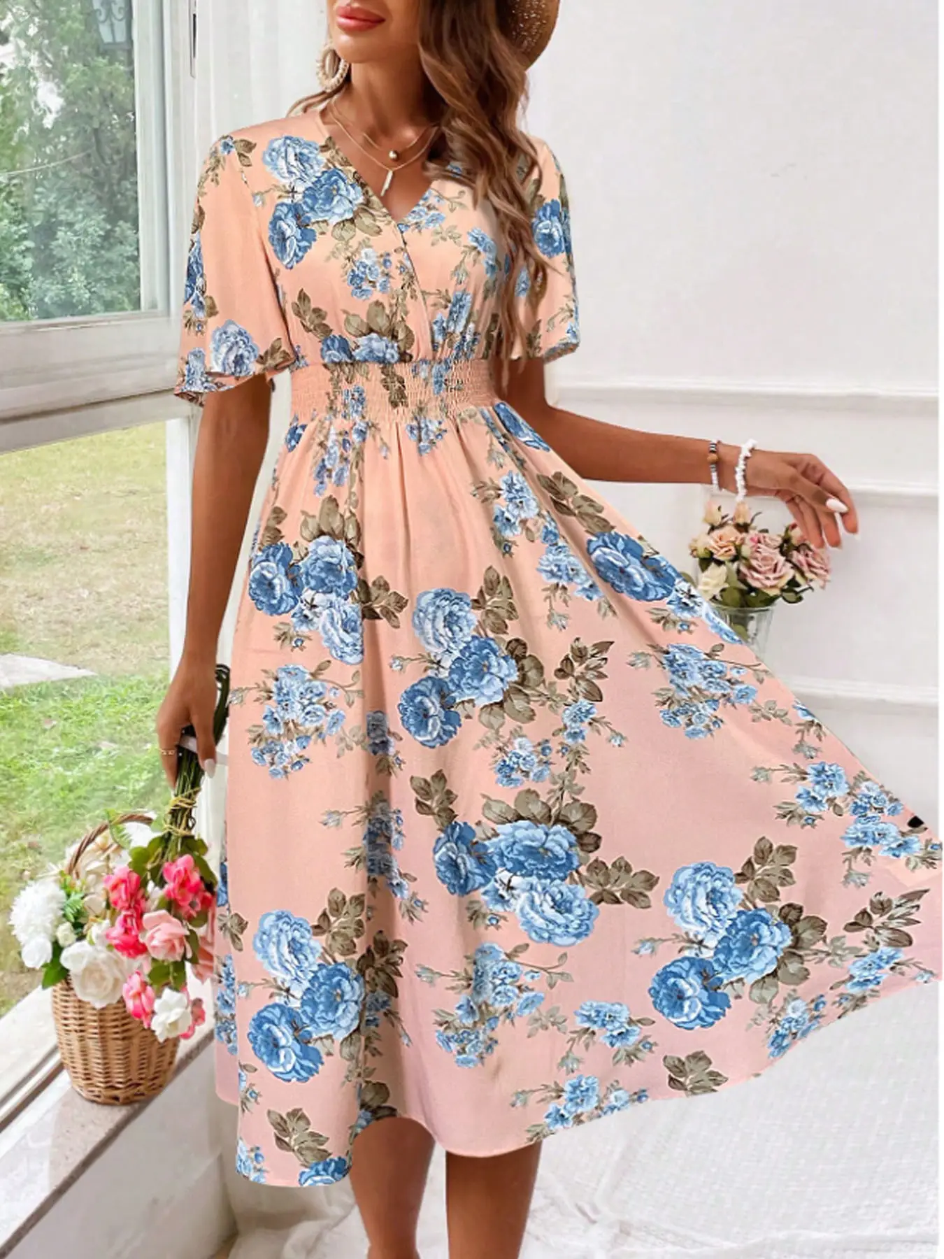 Women Floral Long Dress Large Size Cotton Pink — feature 8