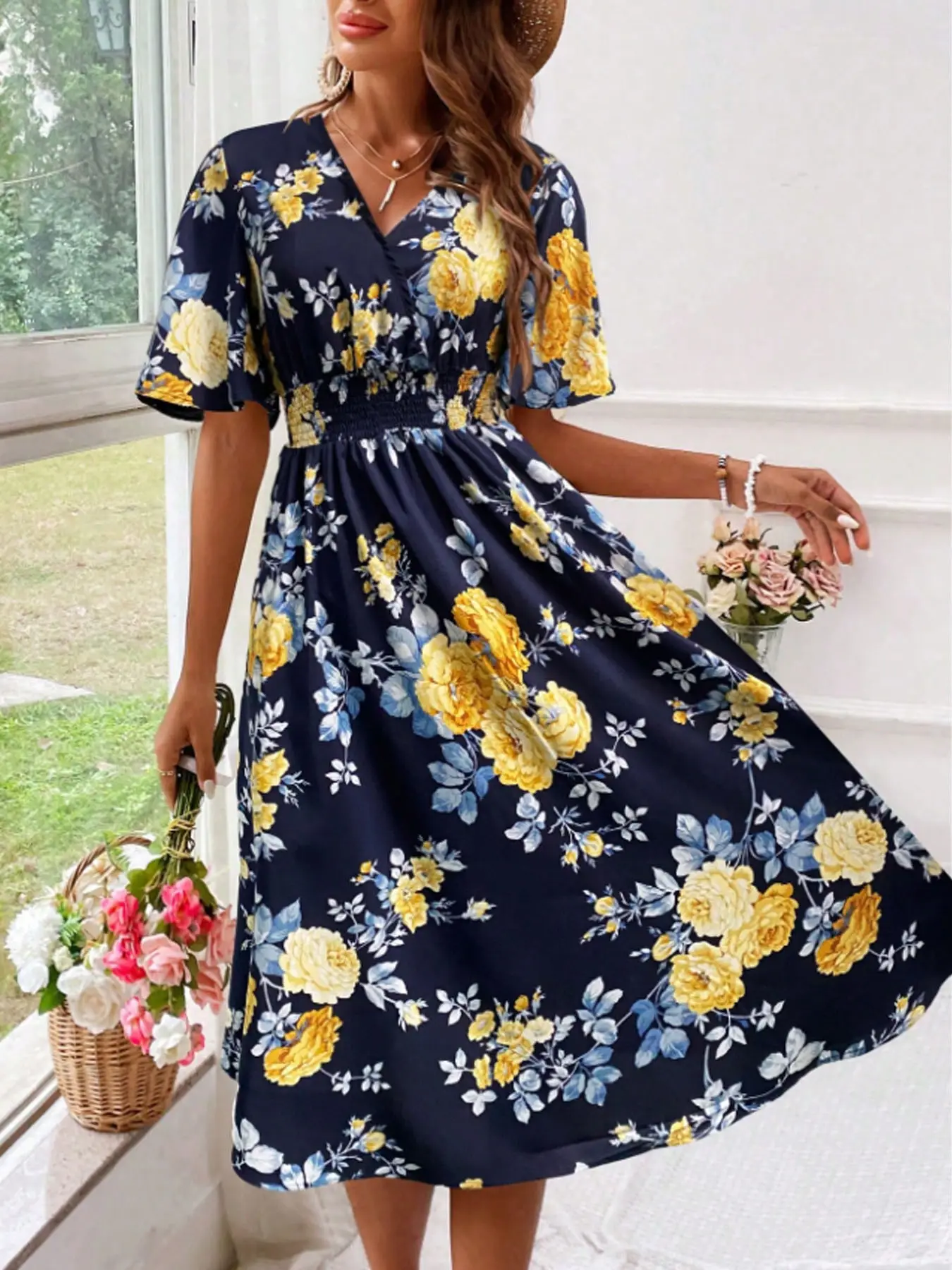 Women Floral Long Dress Large Size Cotton Pink