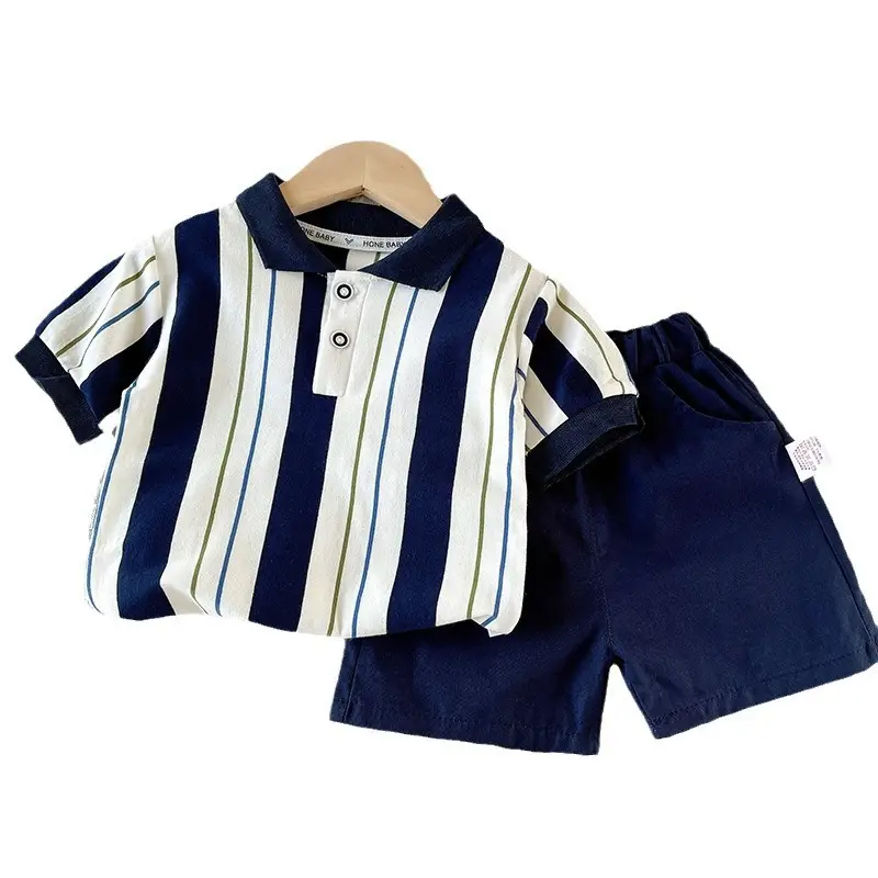 Boys Striped T-Shirt Shorts Set Navy White 0-4Yr - Image 7
