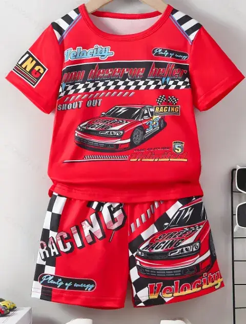 European and American Cross-Border Boys' Suits Summer New Trendyy Casual Short-Sleeved T-Shirt Shorts Racing Print Two-Piece Set Trendy — feature 2
