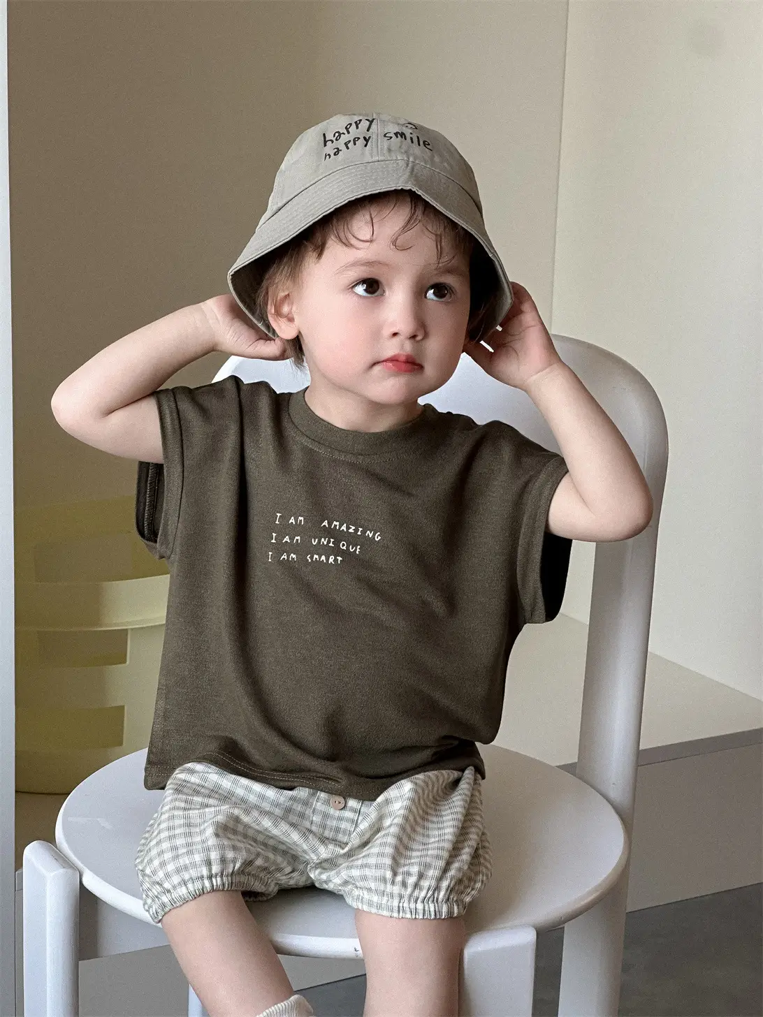 Kids Summer T-Shirt Set Brown Plaid Shorts 2026