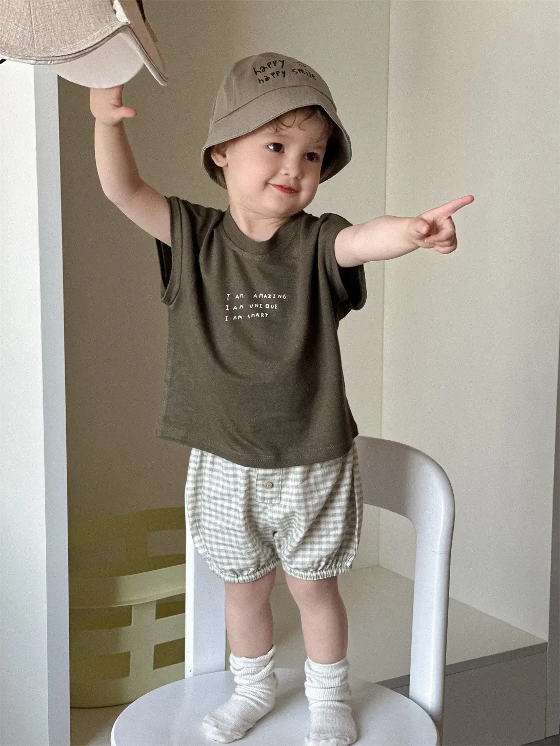 Kids Summer T-Shirt Set Brown Plaid Shorts 2026