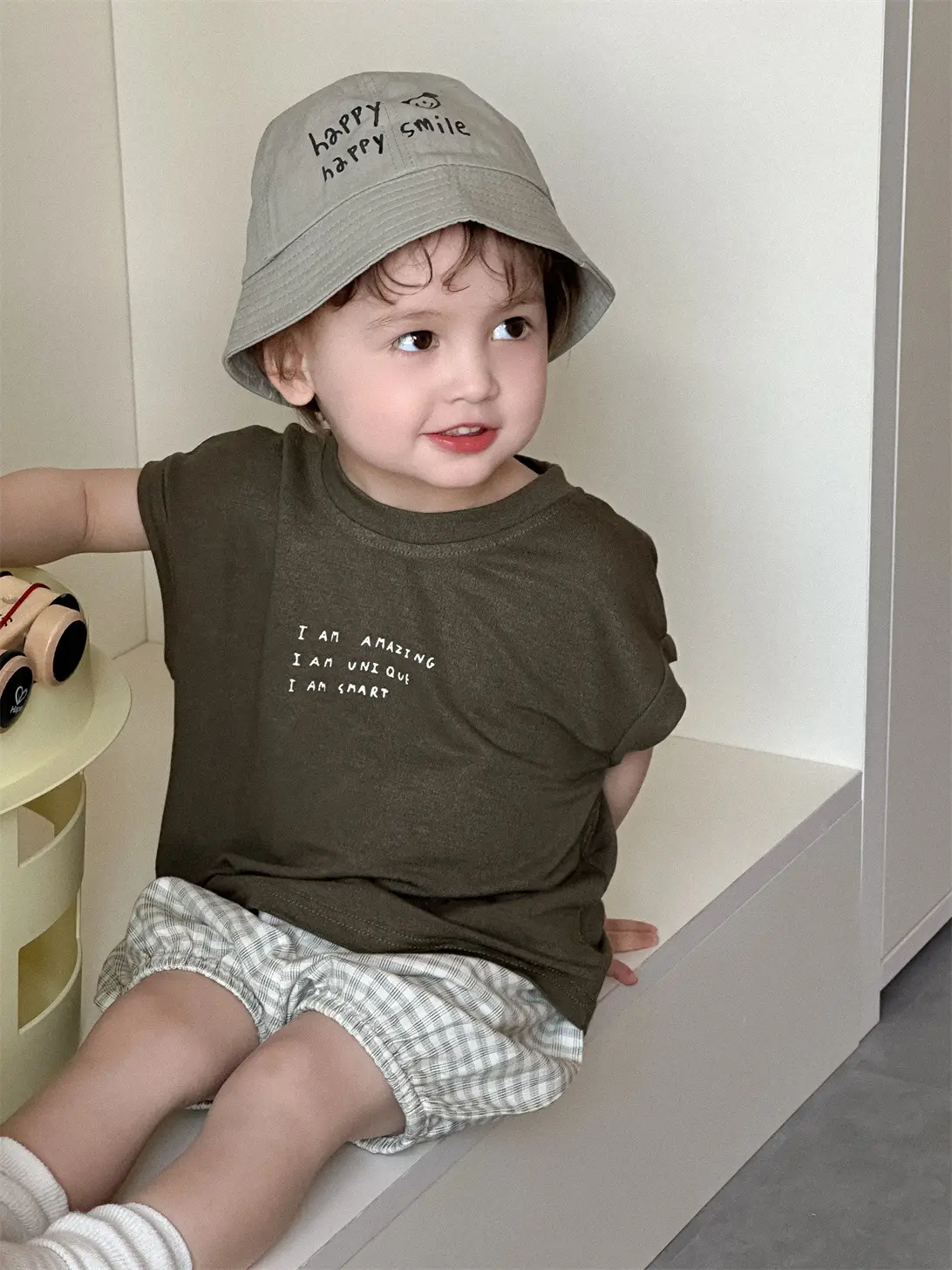 Kids Summer T-Shirt Set Brown Plaid Shorts 2026