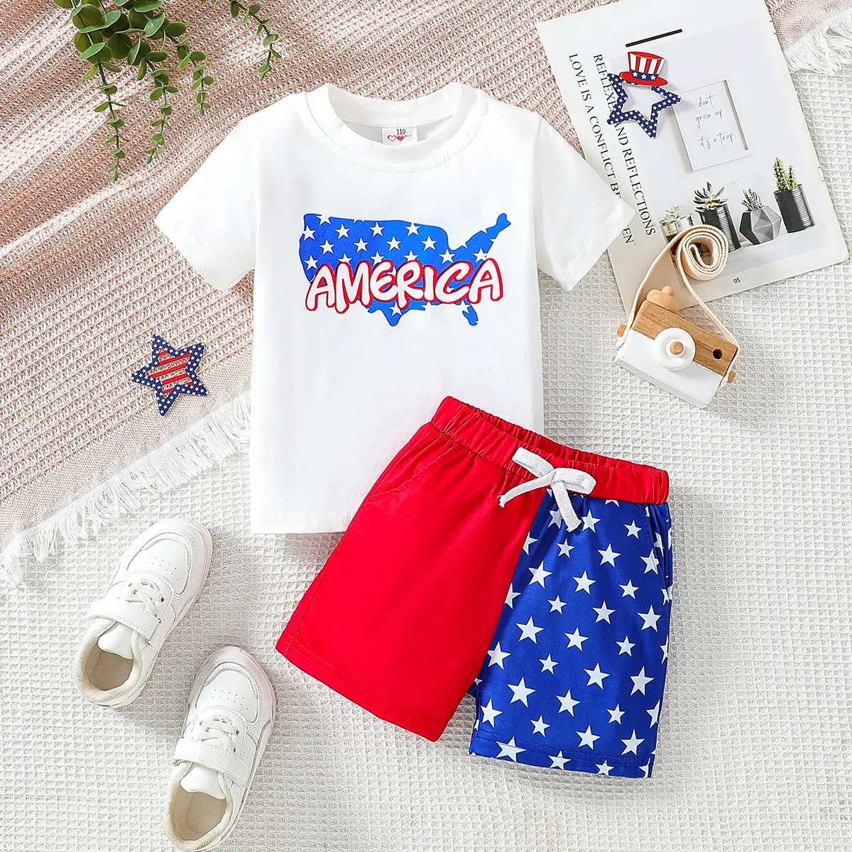 American Independence Day Boys Shorts Suit White T-Shirt Star Shorts