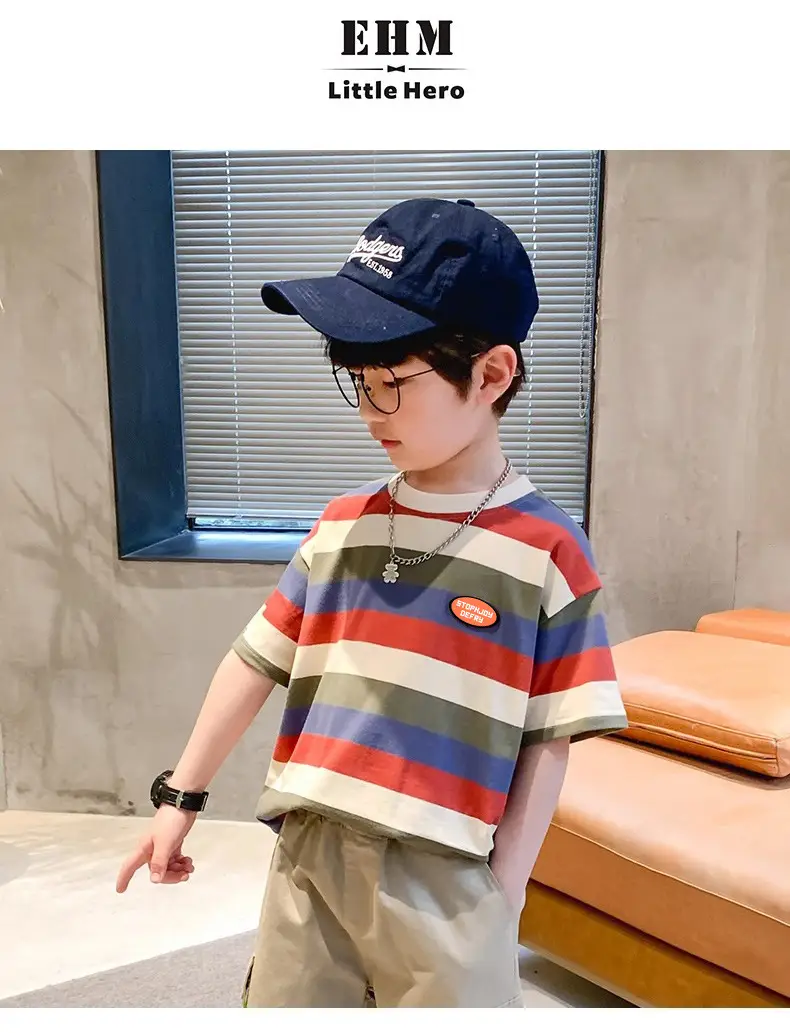 Boys Cotton Striped T-Shirt Summer Casual Mid Large — feature 1