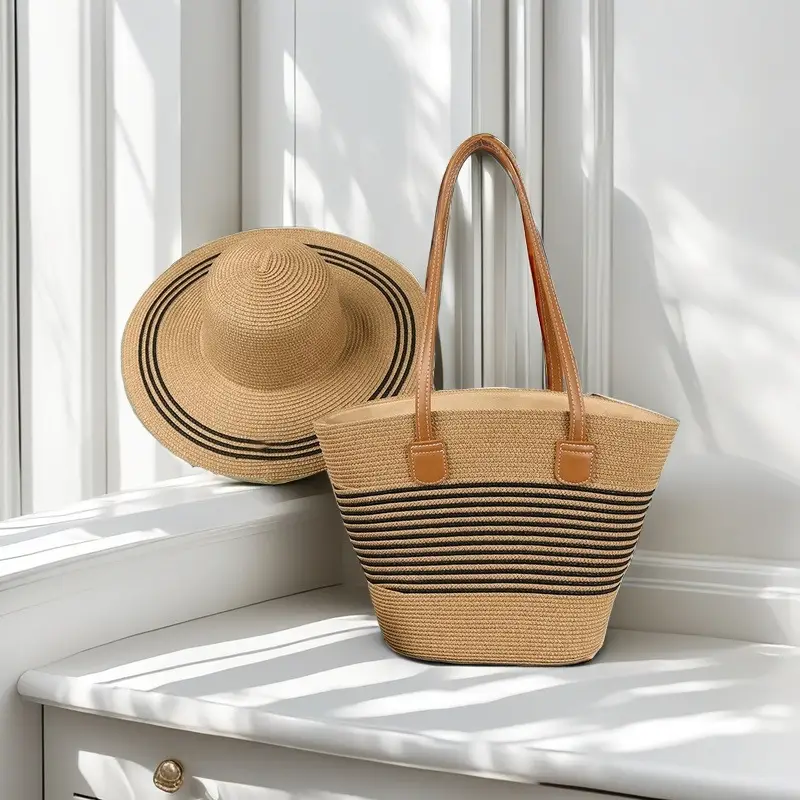 Straw Hat & Bag Set Sun Travel Luggage Accessories - Image 39
