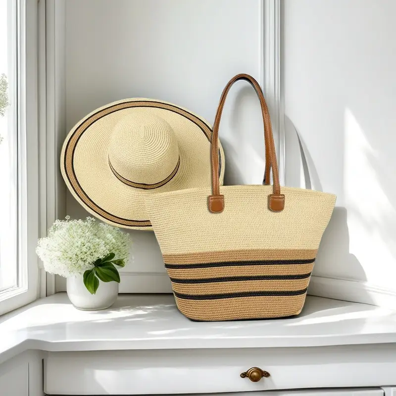 Straw Hat & Bag Set Sun Travel Luggage Accessories - Image 11