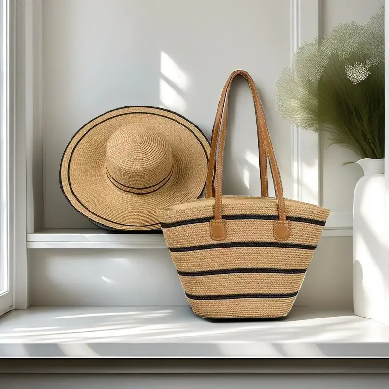 Straw Hat & Bag Set Sun Travel Luggage Accessories - Image 12